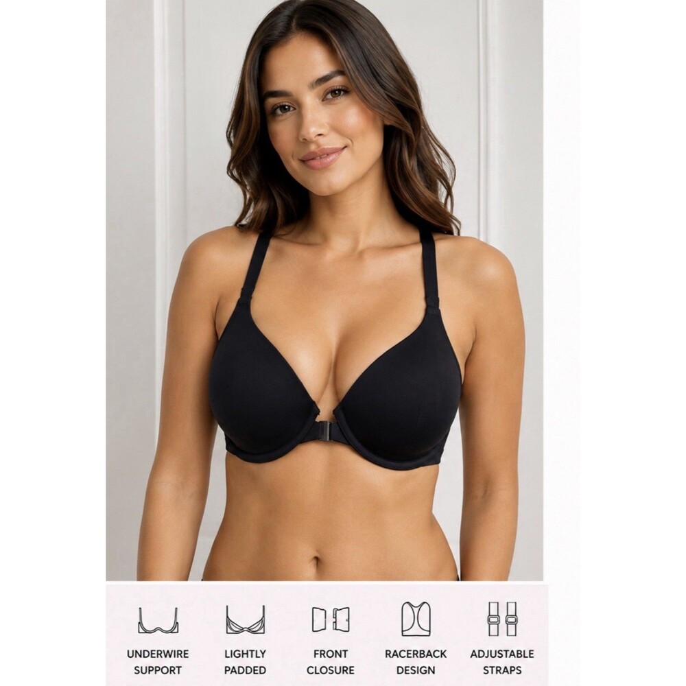 Victoria’s Secret T Shirt Push Up Racerback Bra 32DDD Black Front Close